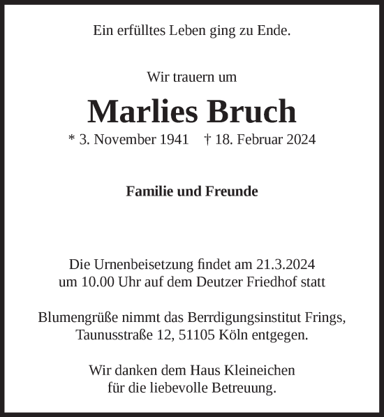 Anzeige von Marlies Bruch von  EXPRESS - Die Woche 