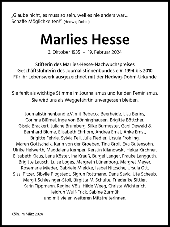 Anzeige von Marlies Hesse von Kölner Stadt-Anzeiger / Kölnische Rundschau / Express