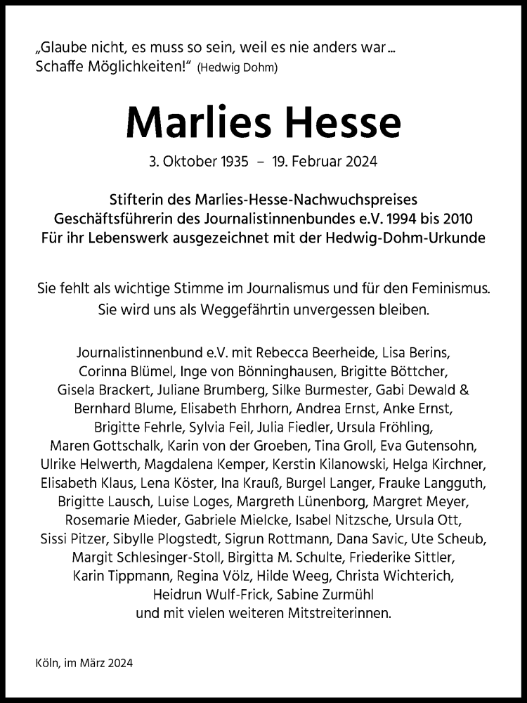  Traueranzeige für Marlies Hesse vom 02.03.2024 aus Kölner Stadt-Anzeiger / Kölnische Rundschau / Express