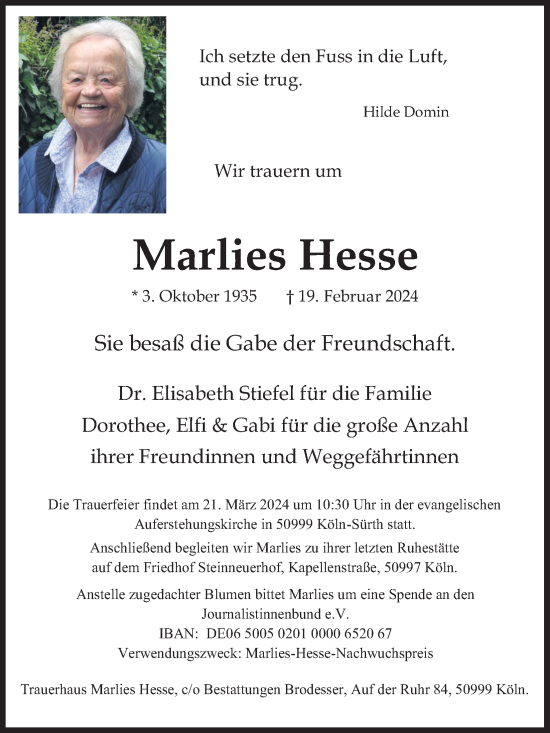 Anzeige von Marlies Hesse von Kölner Stadt-Anzeiger / Kölnische Rundschau / Express
