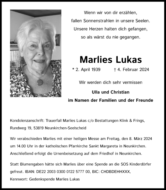 Anzeige von Marlies Lukas von Kölner Stadt-Anzeiger / Kölnische Rundschau / Express