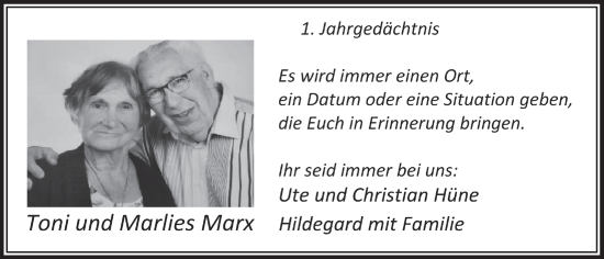 Anzeige von Marlies Marx von  Wochenende 