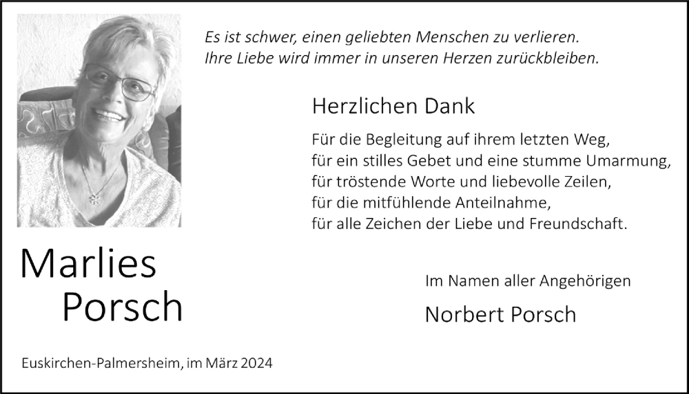  Traueranzeige für Marlies Porsch vom 02.03.2024 aus  Blickpunkt Euskirchen 