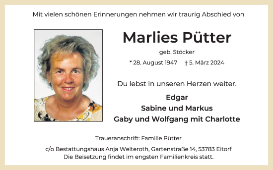 Anzeige von Marlies Pütter von Kölner Stadt-Anzeiger / Kölnische Rundschau / Express