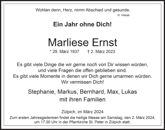 Anzeige von Marliese Ernst von  Blickpunkt Euskirchen 