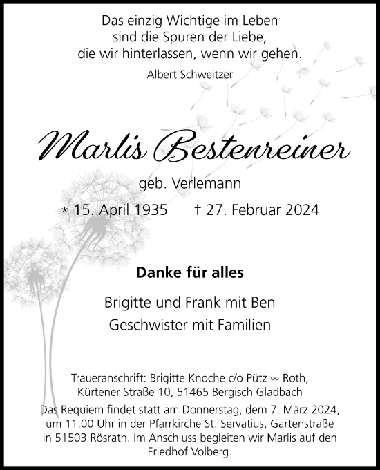 Anzeige von Marlis Bestenreiner von Kölner Stadt-Anzeiger / Kölnische Rundschau / Express