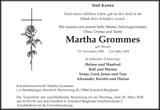 Anzeige von Martha Grommes von Kölner Stadt-Anzeiger / Kölnische Rundschau / Express