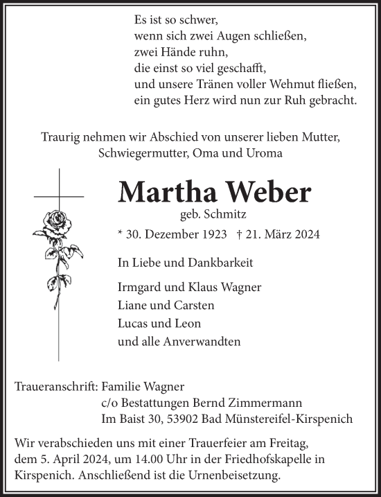 Anzeige von Martha Weber von  Blickpunkt Euskirchen 