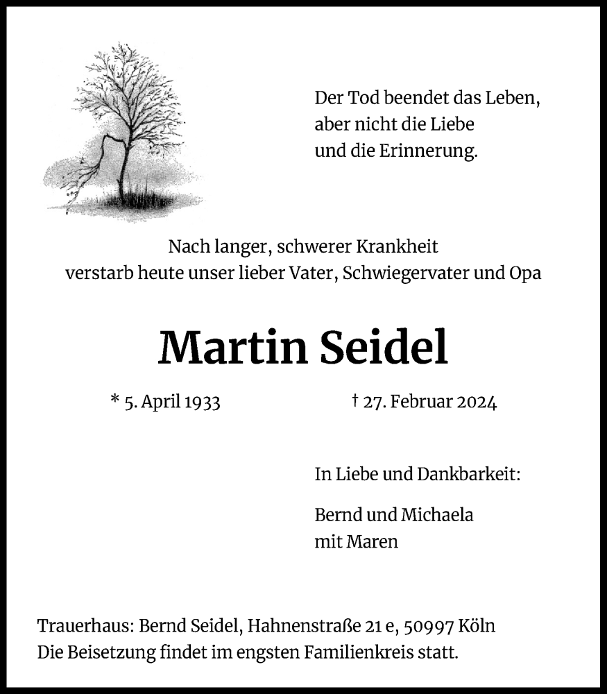 Traueranzeige für Martin Seidel vom 09.03.2024 aus Kölner Stadt-Anzeiger / Kölnische Rundschau / Express