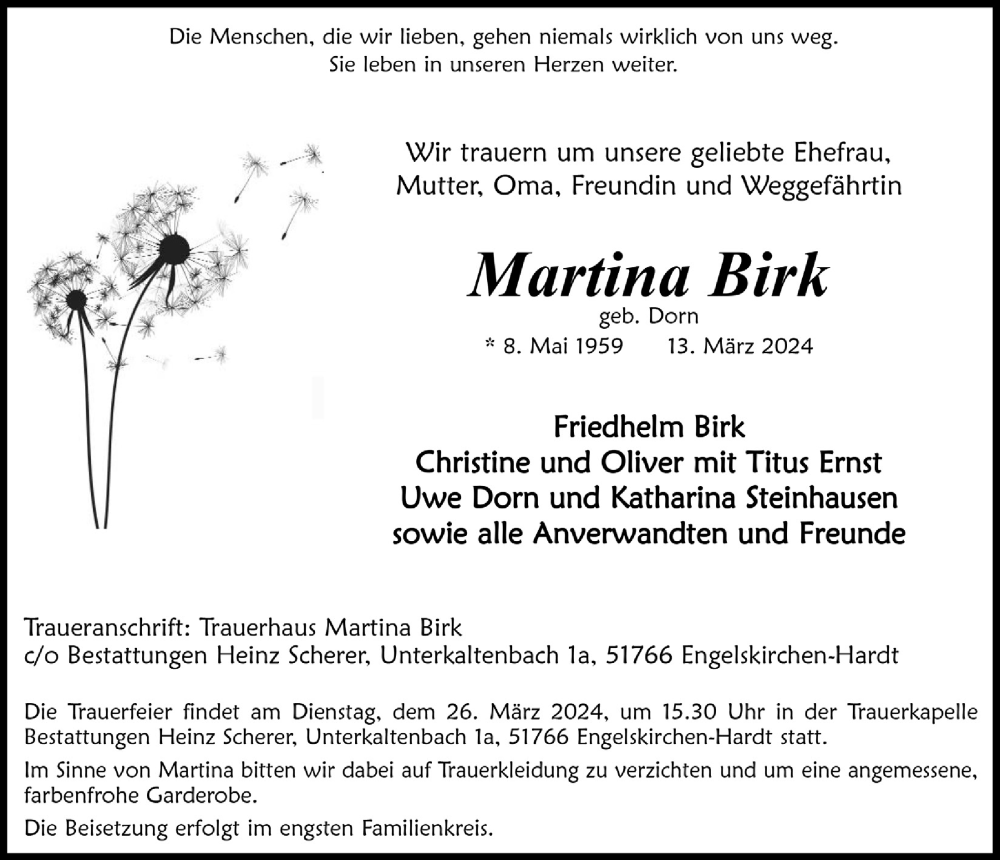  Traueranzeige für Martina Birk vom 22.03.2024 aus  Anzeigen Echo 