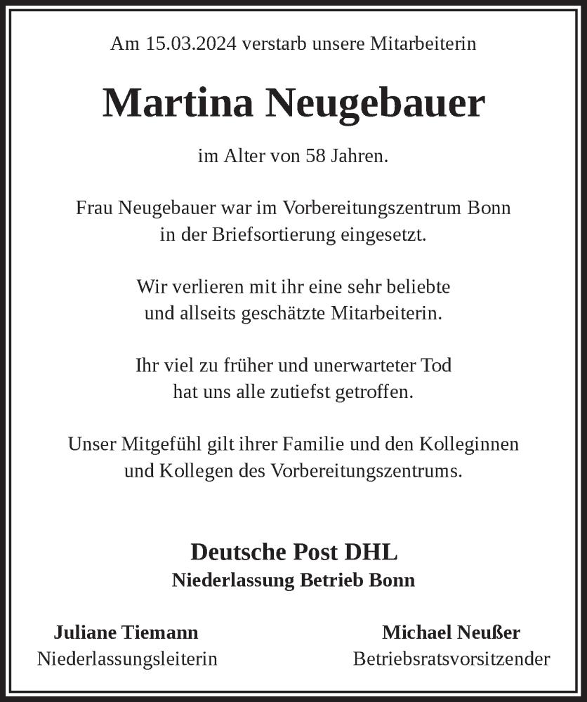  Traueranzeige für Martina Neugebauer vom 28.03.2024 aus  Extra Blatt 