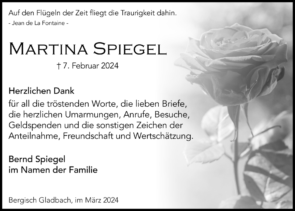  Traueranzeige für Martina Spiegel vom 08.03.2024 aus  Bergisches Handelsblatt 