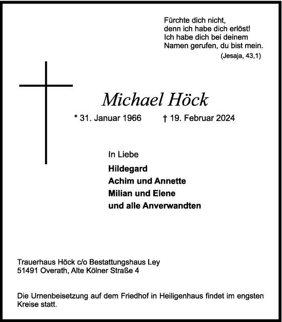 Anzeige von Michael Höck von Kölner Stadt-Anzeiger / Kölnische Rundschau / Express
