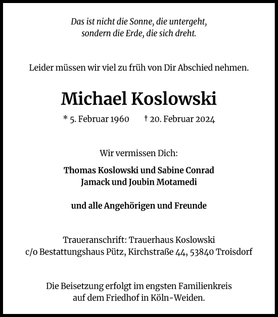 Anzeige von Michael Koslowski von Kölner Stadt-Anzeiger / Kölnische Rundschau / Express