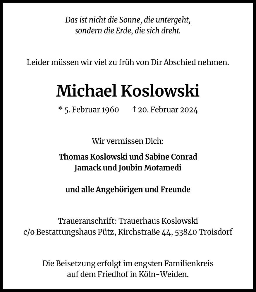  Traueranzeige für Michael Koslowski vom 02.03.2024 aus Kölner Stadt-Anzeiger / Kölnische Rundschau / Express