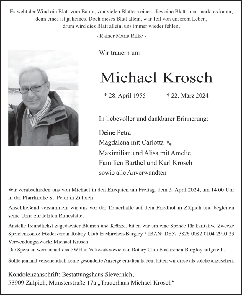  Traueranzeige für Michael Krosch vom 30.03.2024 aus  Blickpunkt Euskirchen 