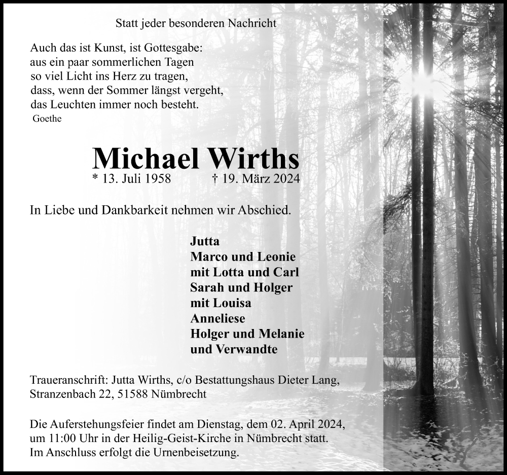  Traueranzeige für Michael Wirths vom 23.03.2024 aus Kölner Stadt-Anzeiger / Kölnische Rundschau / Express