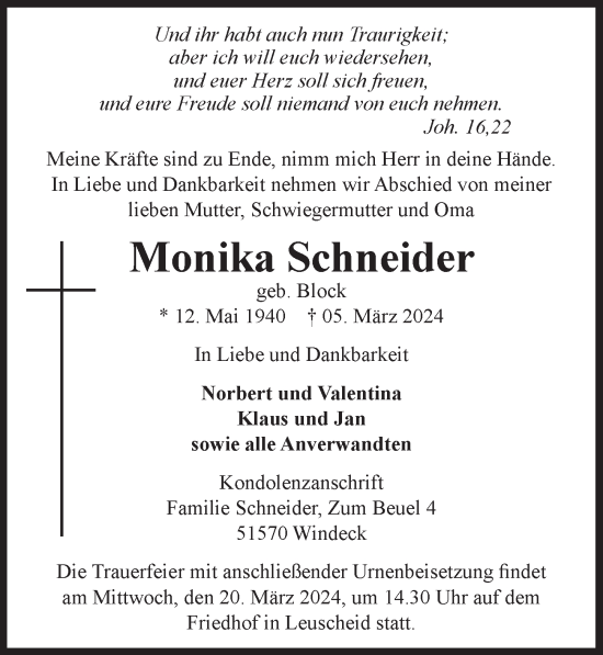 Anzeige von Monika Schneider von  Lokalanzeiger 