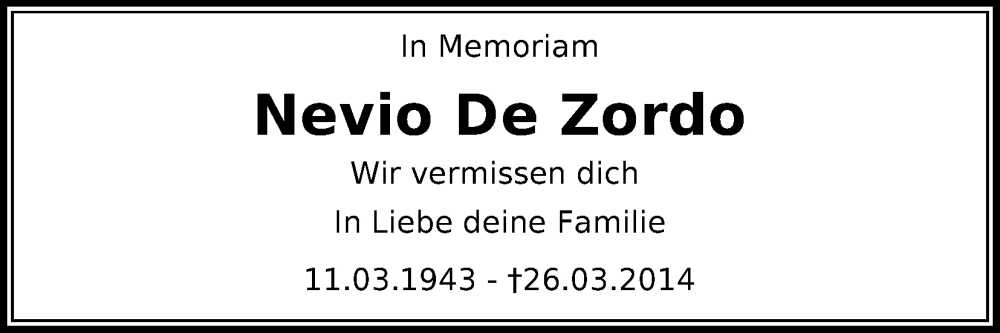  Traueranzeige für Nevio De Zordo vom 26.03.2024 aus Kölner Stadt-Anzeiger / Kölnische Rundschau / Express