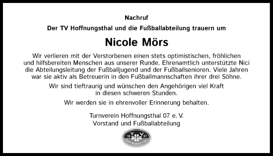 Anzeige von Nicole Mörs von Kölner Stadt-Anzeiger / Kölnische Rundschau / Express