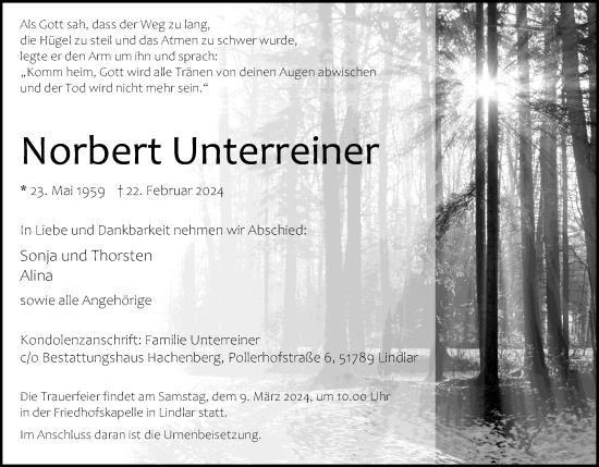 Anzeige von Norbert Unterreiner von Kölner Stadt-Anzeiger / Kölnische Rundschau / Express