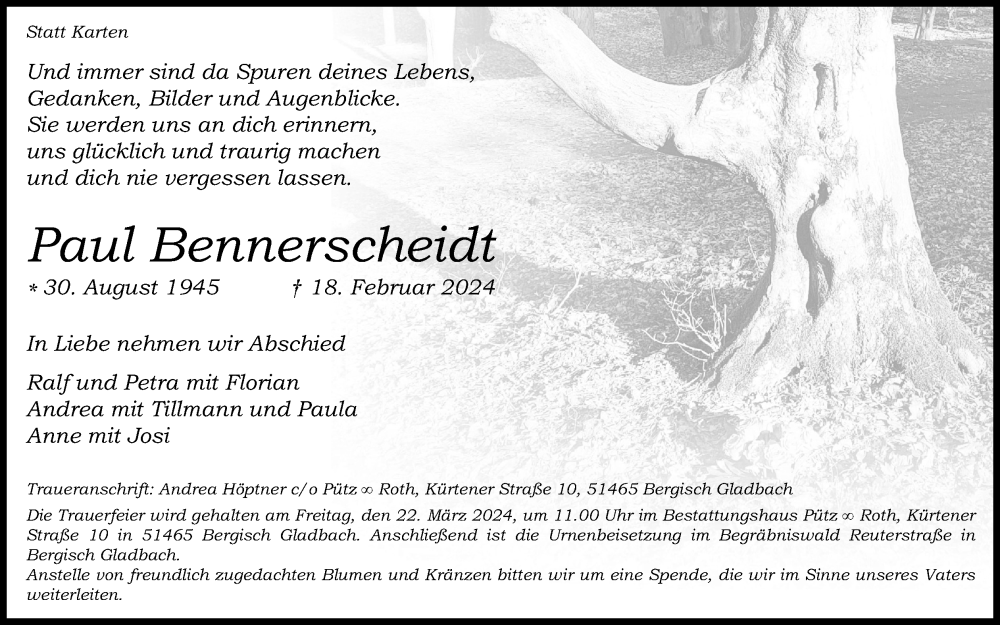  Traueranzeige für Paul Bennerscheidt vom 09.03.2024 aus Kölner Stadt-Anzeiger / Kölnische Rundschau / Express