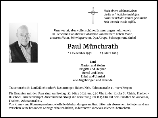 Anzeige von Paul Münchrath von Kölner Stadt-Anzeiger / Kölnische Rundschau / Express