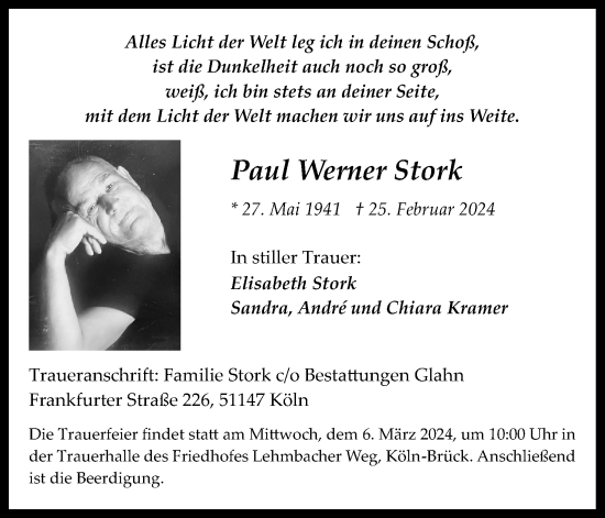 Anzeige von Paul Werner Stork von Kölner Stadt-Anzeiger / Kölnische Rundschau / Express