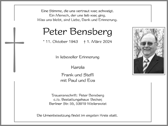 Anzeige von Peter Bensberg von  Blickpunkt Euskirchen 