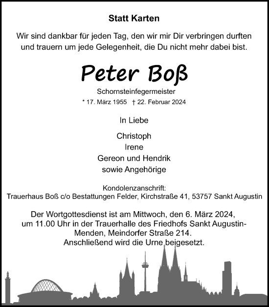 Anzeige von Peter Boß von Kölner Stadt-Anzeiger / Kölnische Rundschau / Express