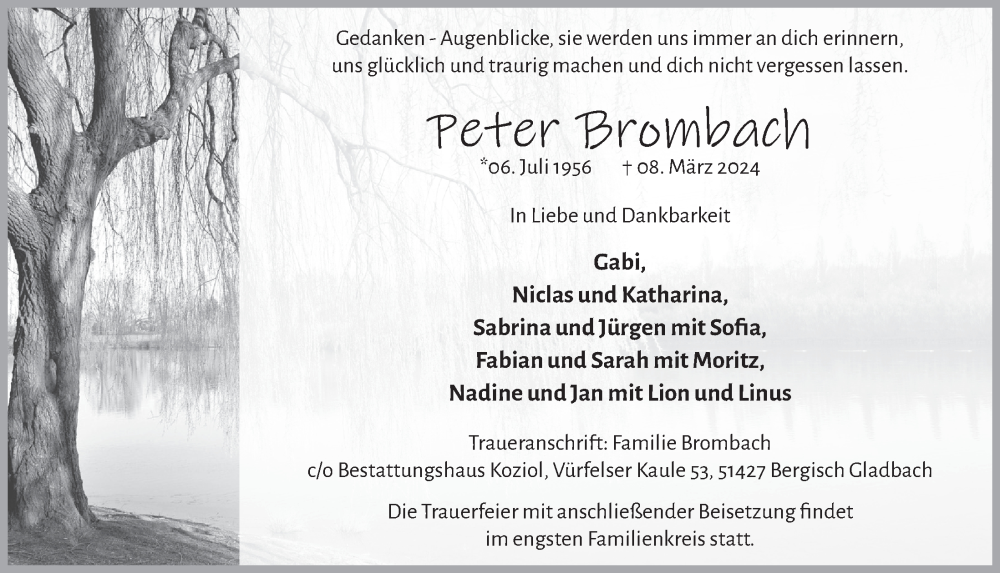  Traueranzeige für Peter Brombach vom 22.03.2024 aus  Bergisches Handelsblatt 