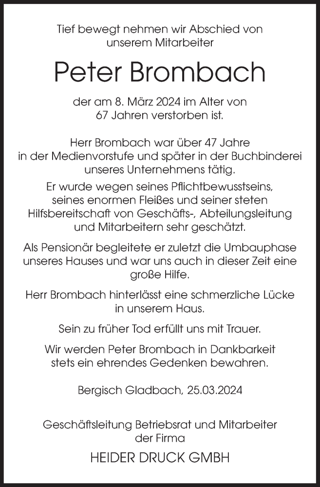  Traueranzeige für Peter Brombach vom 28.03.2024 aus  Bergisches Handelsblatt 