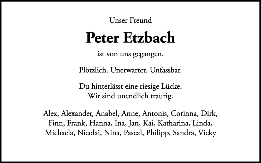  Traueranzeige für Peter Etzbach vom 23.03.2024 aus Kölner Stadt-Anzeiger / Kölnische Rundschau / Express
