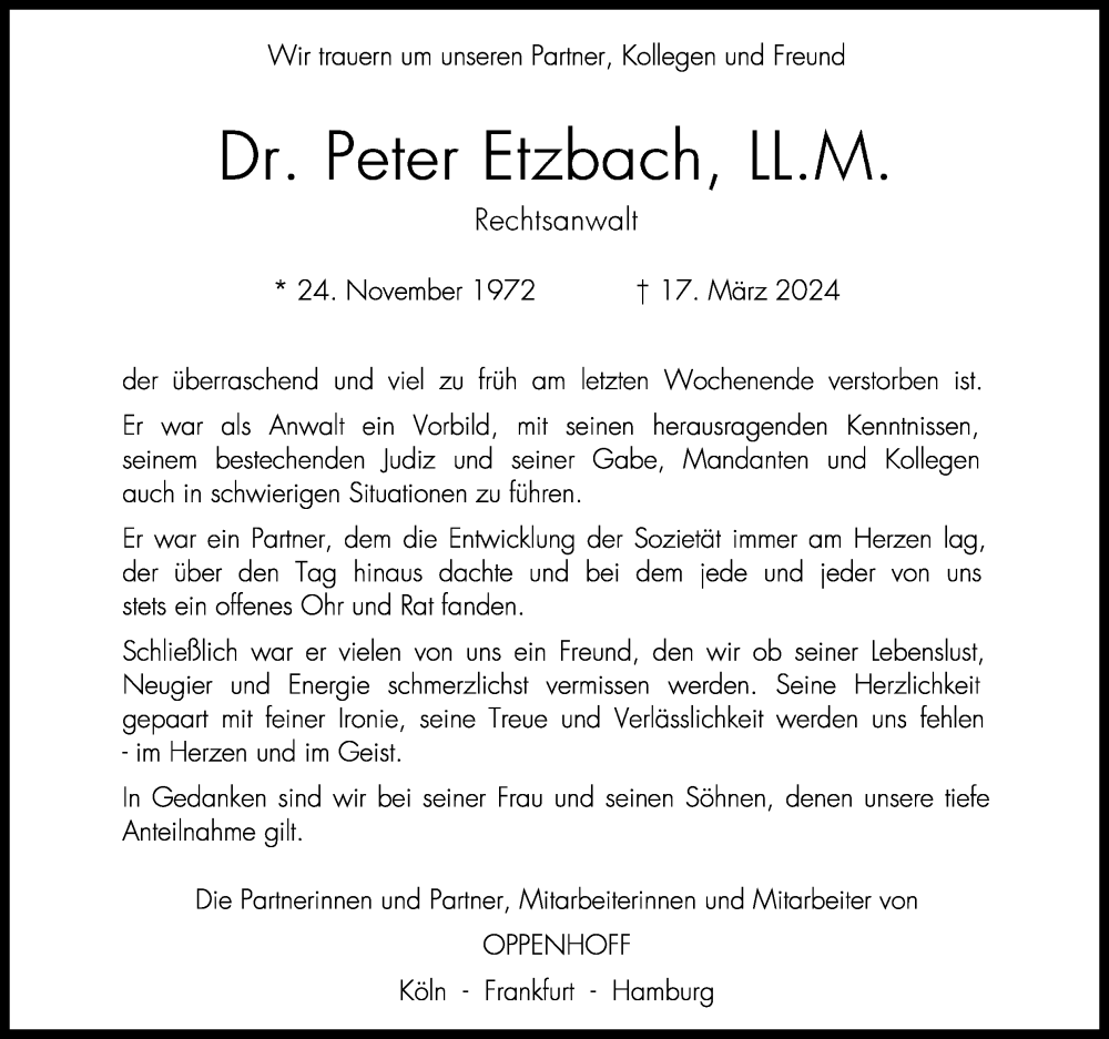  Traueranzeige für Peter Etzbach vom 23.03.2024 aus Kölner Stadt-Anzeiger / Kölnische Rundschau / Express