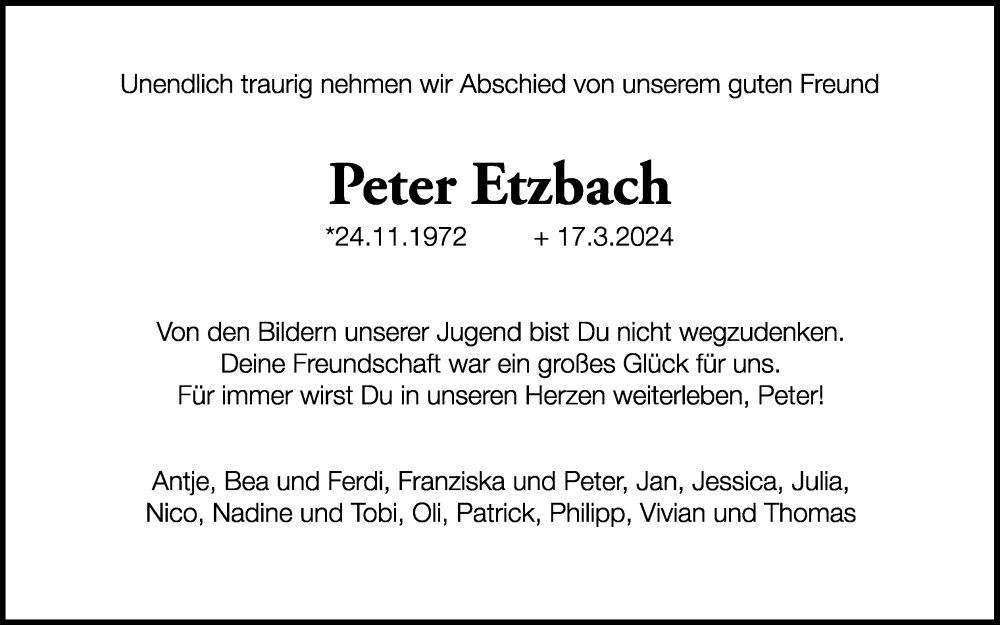  Traueranzeige für Peter Etzbach vom 23.03.2024 aus Kölner Stadt-Anzeiger / Kölnische Rundschau / Express