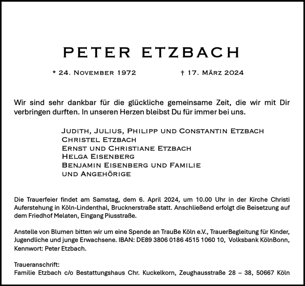  Traueranzeige für Peter Etzbach vom 23.03.2024 aus Kölner Stadt-Anzeiger / Kölnische Rundschau / Express