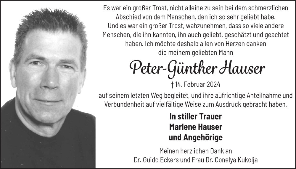  Traueranzeige für Peter-Günther Hauser vom 08.03.2024 aus  Werbepost 