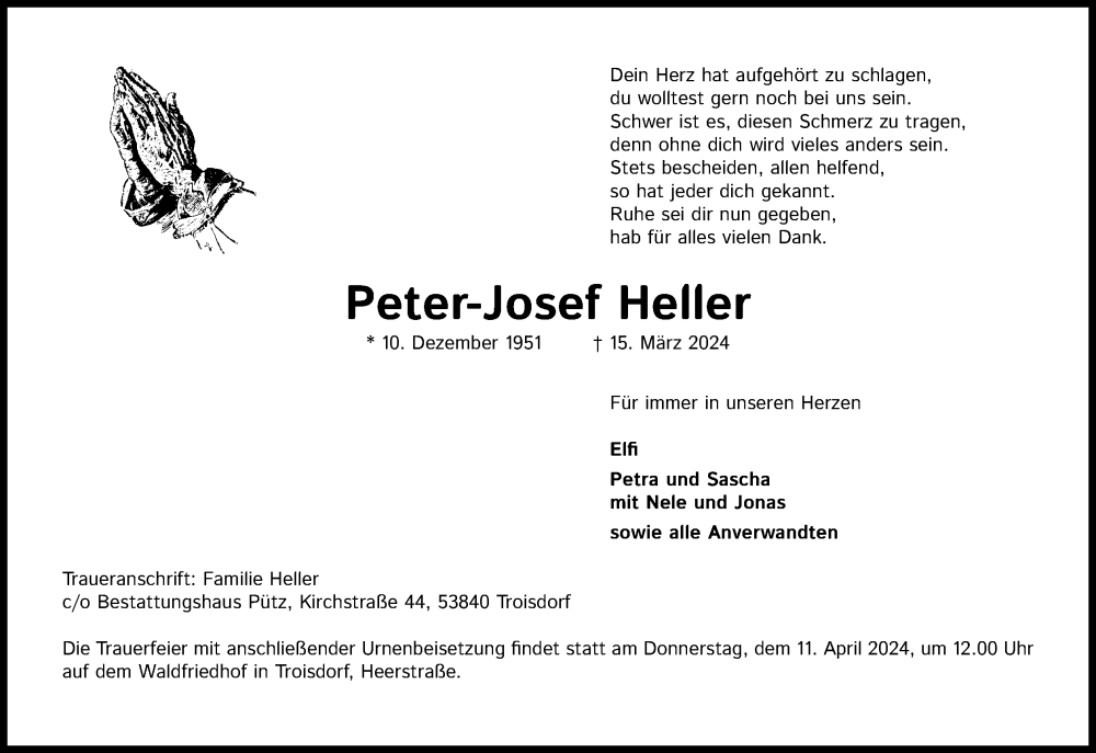  Traueranzeige für Peter-Josef Heller vom 23.03.2024 aus Kölner Stadt-Anzeiger / Kölnische Rundschau / Express