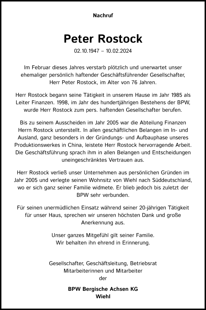  Traueranzeige für Peter Rostock vom 08.03.2024 aus Kölner Stadt-Anzeiger / Kölnische Rundschau / Express