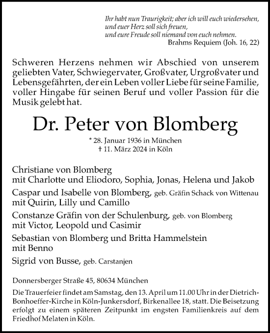 Anzeige von Peter von Blomberg von Kölner Stadt-Anzeiger / Kölnische Rundschau / Express