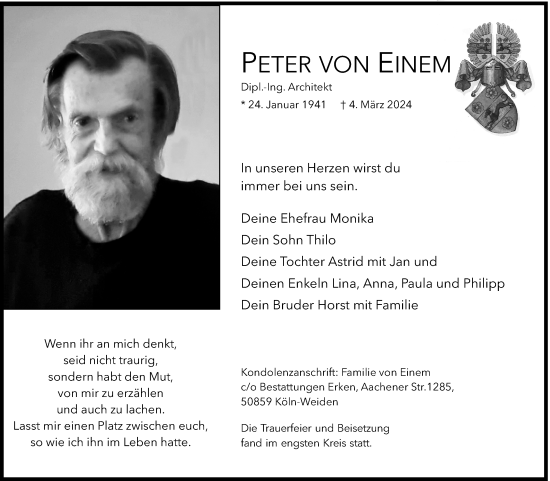 Anzeige von Peter von Einem von Kölner Stadt-Anzeiger / Kölnische Rundschau / Express