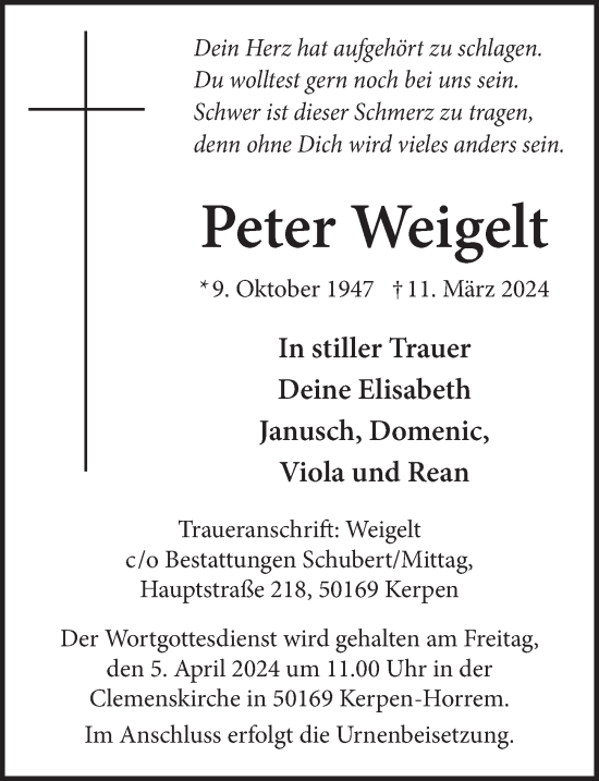 Anzeige von Peter Weigelt von  Werbepost 