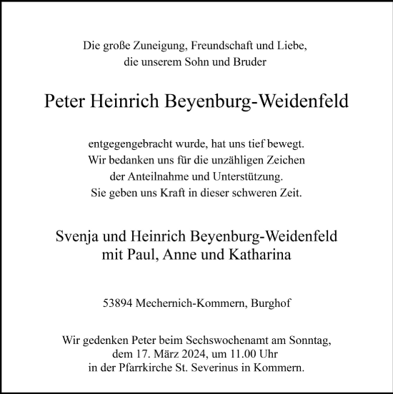 Anzeige von Peter Heinrich Beyenburg-Weidenfeld von  Blickpunkt Euskirchen 