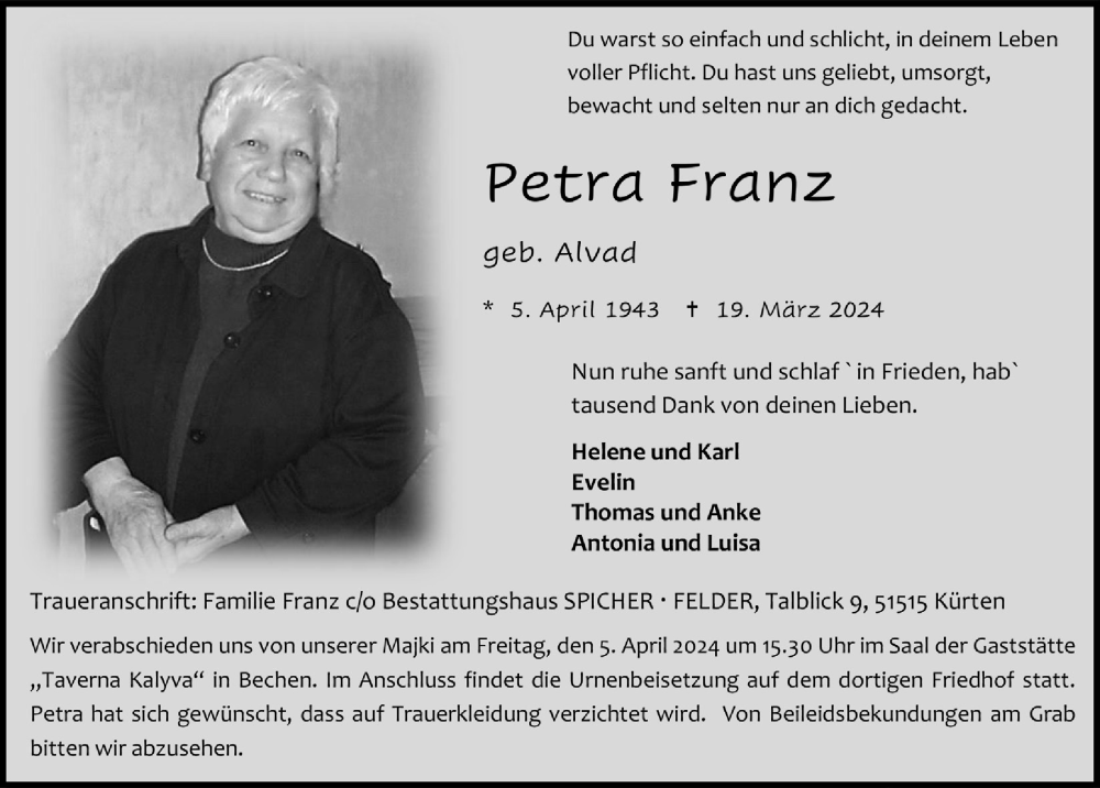  Traueranzeige für Petra Franz vom 28.03.2024 aus  Bergisches Handelsblatt 