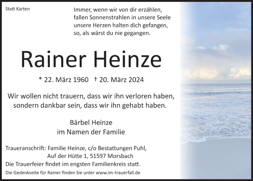  Traueranzeige für Rainer Heinze vom 28.03.2024 aus  Lokalanzeiger 