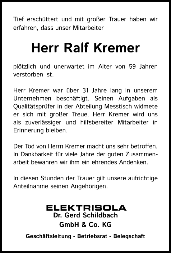 Anzeige von Ralf Kremer von Kölner Stadt-Anzeiger / Kölnische Rundschau / Express