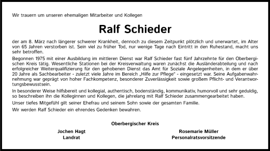 Anzeige von Ralf Schieder von Kölner Stadt-Anzeiger / Kölnische Rundschau / Express