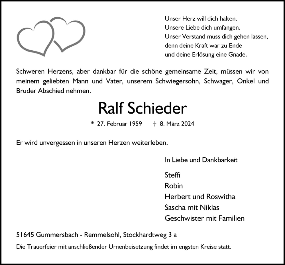  Traueranzeige für Ralf Schieder vom 15.03.2024 aus  Anzeigen Echo 