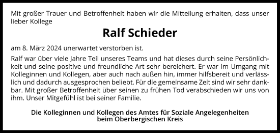 Anzeige von Ralf Schieder von Kölner Stadt-Anzeiger / Kölnische Rundschau / Express
