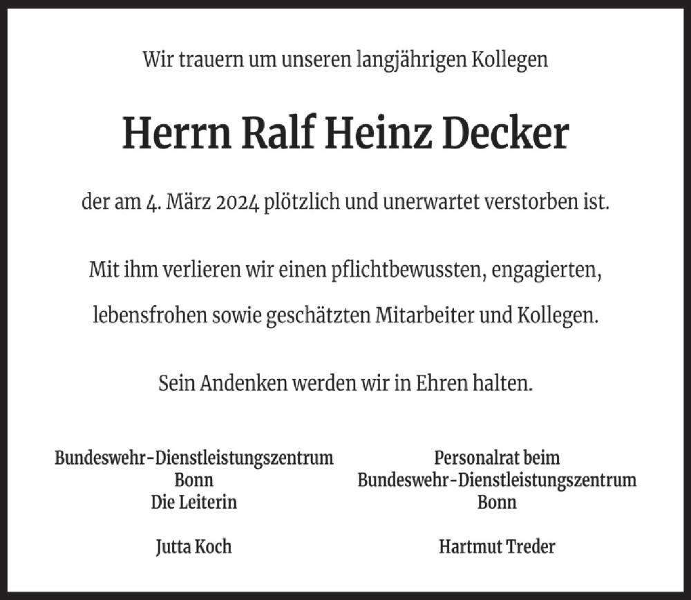  Traueranzeige für Ralf Heinz Decker vom 28.03.2024 aus  EXPRESS - Die Woche 